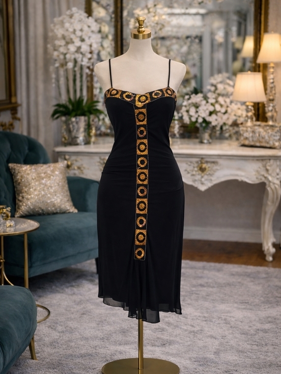 American Vintage Dresses & Skirts - Vintage Deco Black & Gold Sequin    Stage Diva Dance Dress S